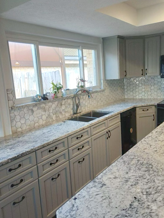 Octagon tile backsplash in kitchen, wfa's custom hardwood floors, houston texas